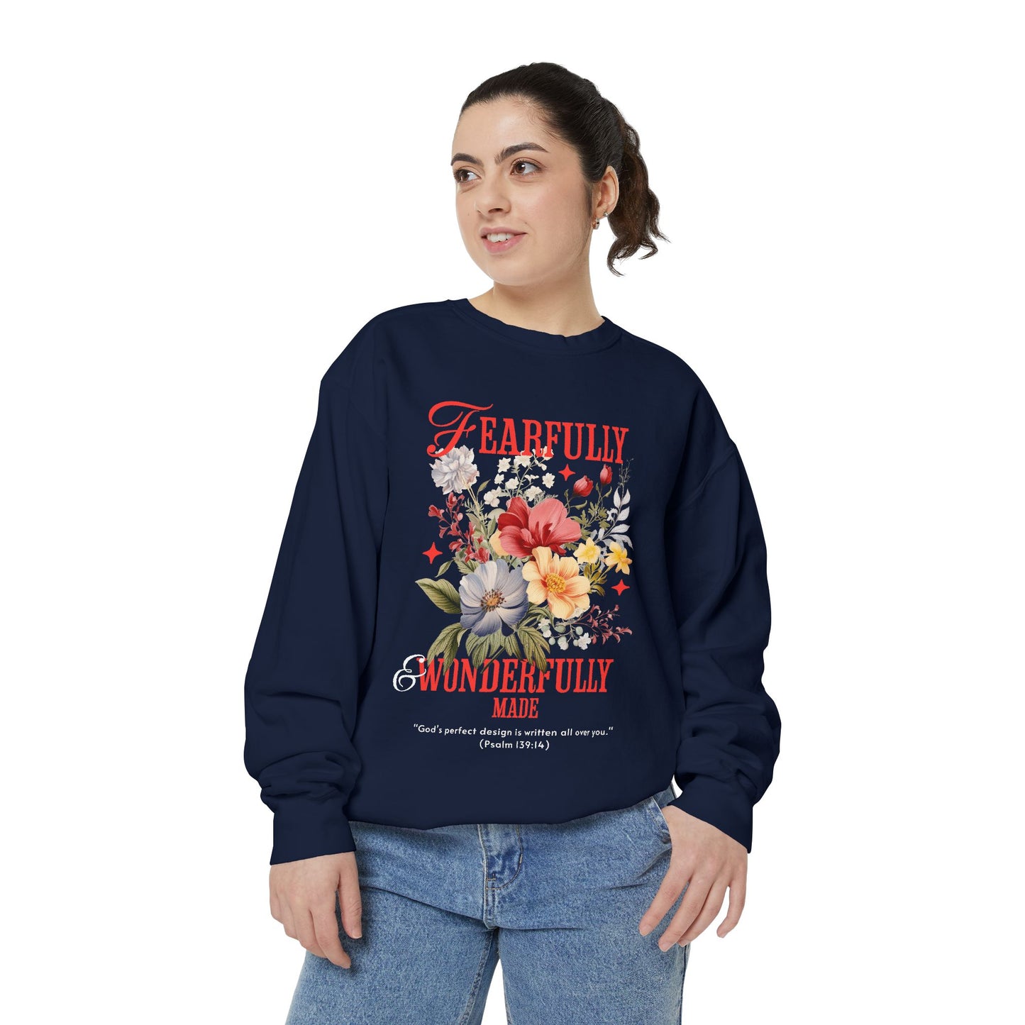 Fearfully & Wonderfully Made Sweatshirt, Inspirational Gift, Floral Design, Christian Apparel, Cozy Sweatshirt for Women