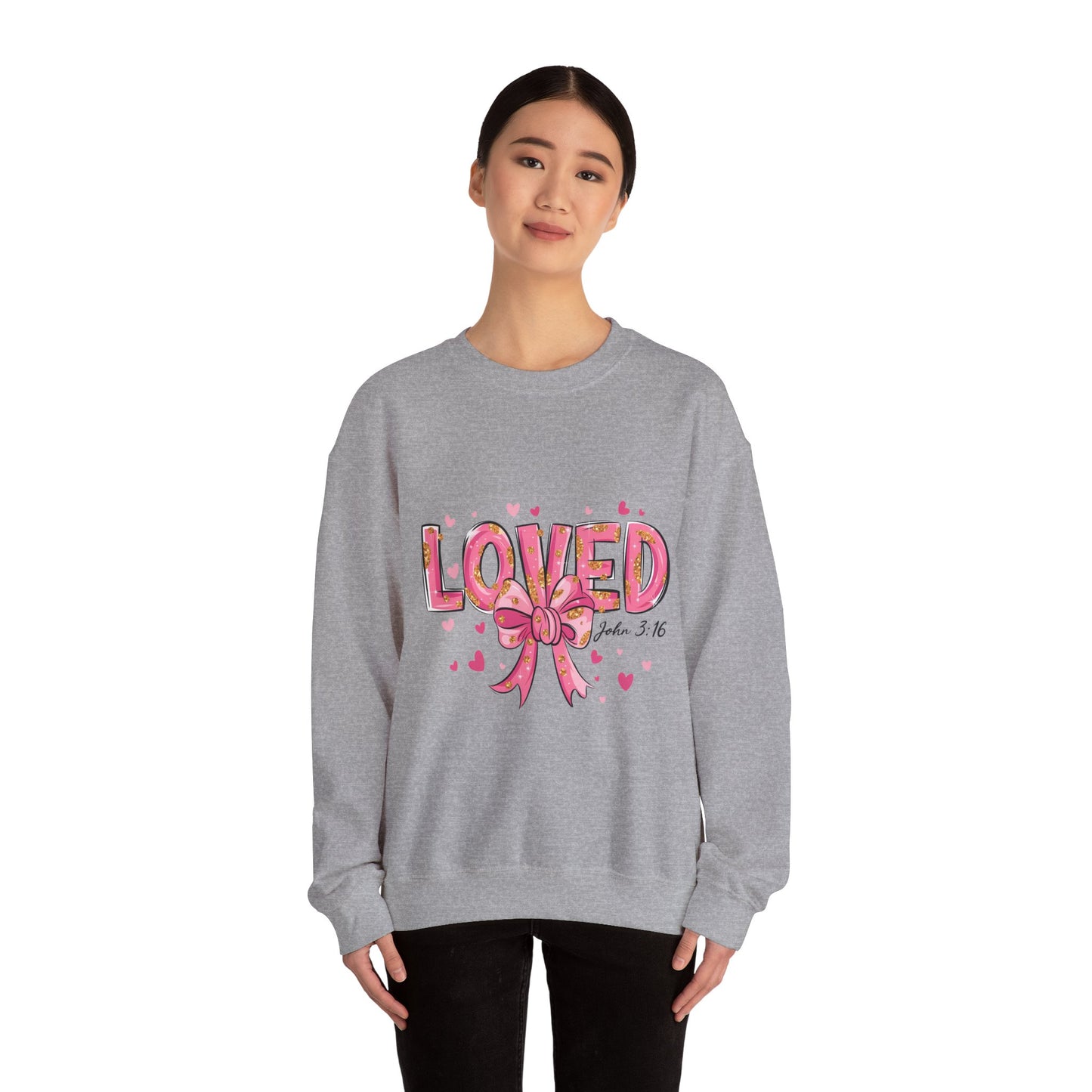 Loved Crewneck Sweatshirt with Bow Design, Cozy Gift for Relaxation, Perfect for Valentine's Day, Christian Apparel, Faith-Inspired Fashion