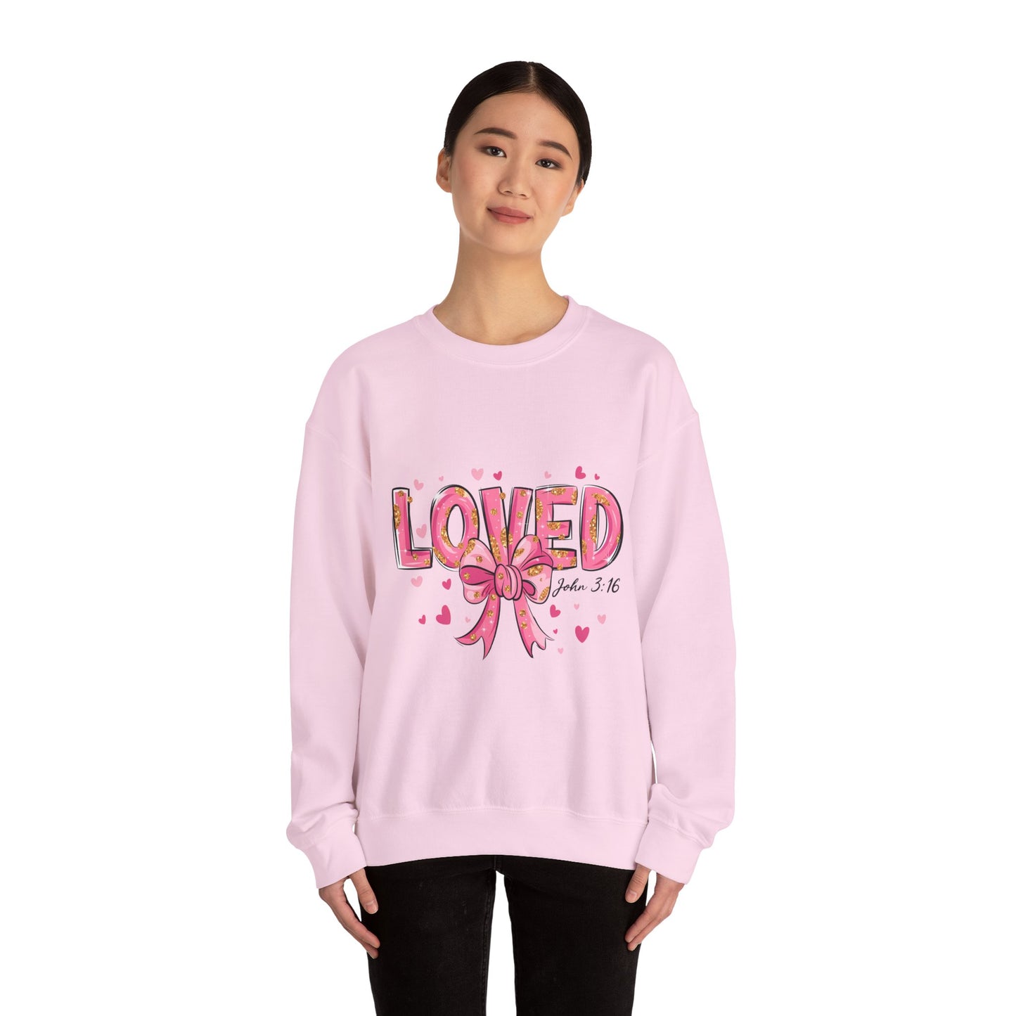 Loved Crewneck Sweatshirt with Bow Design, Cozy Gift for Relaxation, Perfect for Valentine's Day, Christian Apparel, Faith-Inspired Fashion