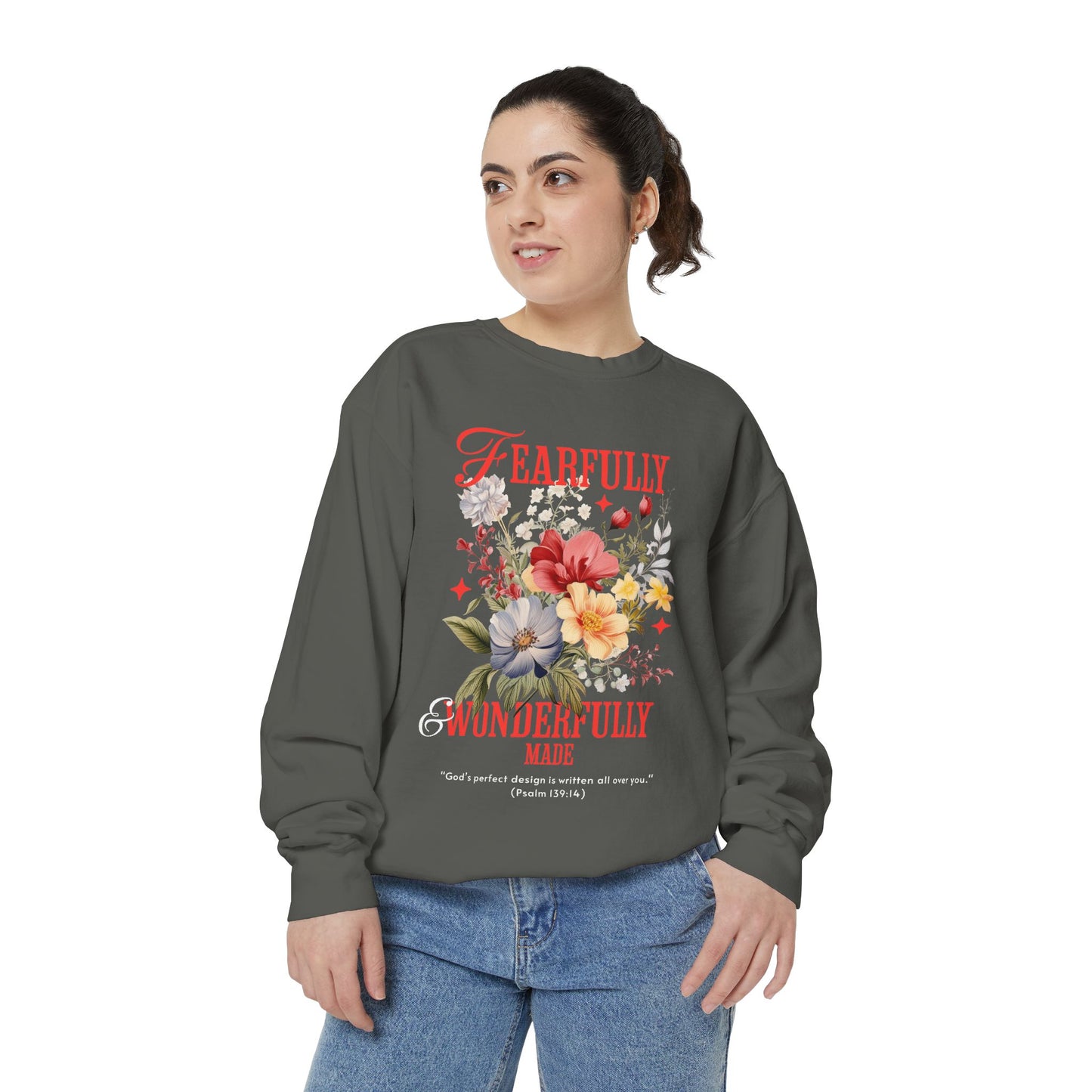 Fearfully & Wonderfully Made Sweatshirt, Inspirational Gift, Floral Design, Christian Apparel, Cozy Sweatshirt for Women