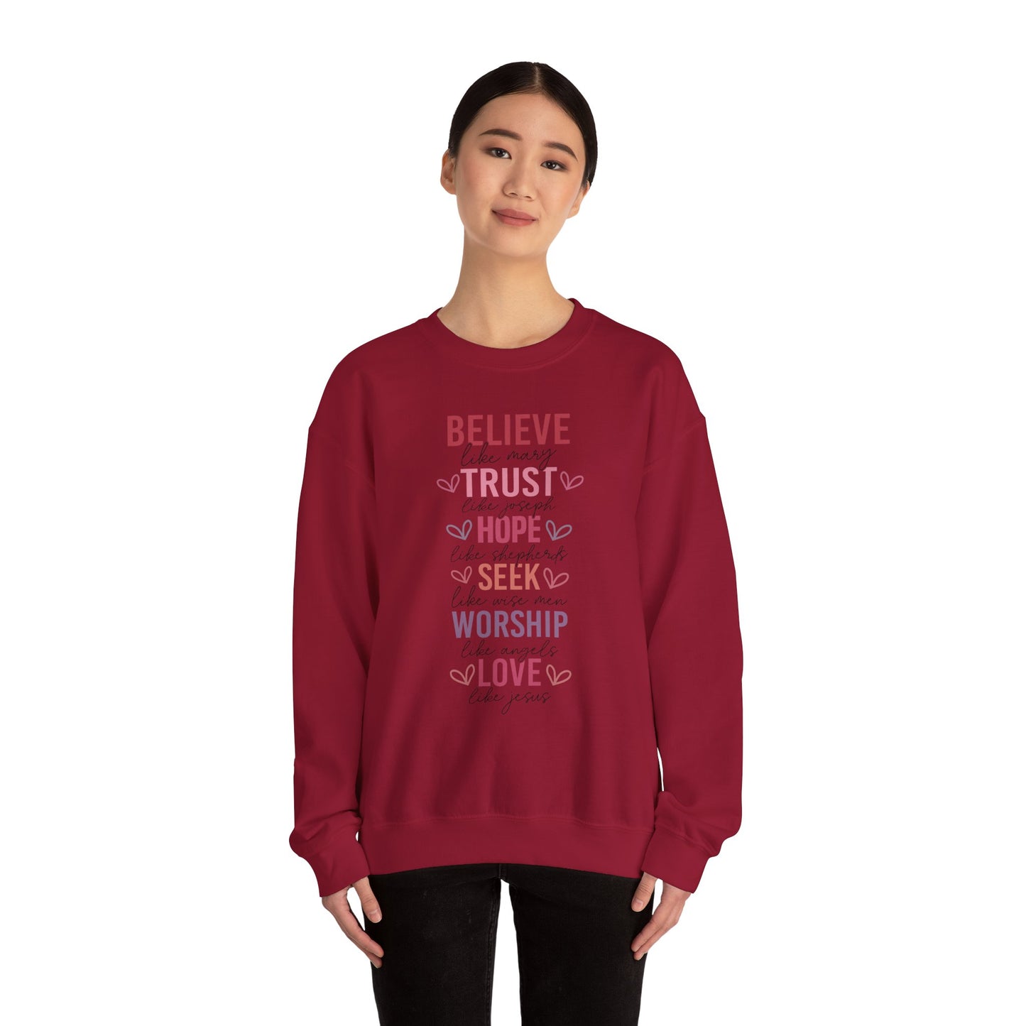 Inspirational Faith Crewneck Sweatshirt, Cozy Christian Apparel, Hope Trust Worship Love, Gift for Spiritual Friends, Faith-Based Fashion