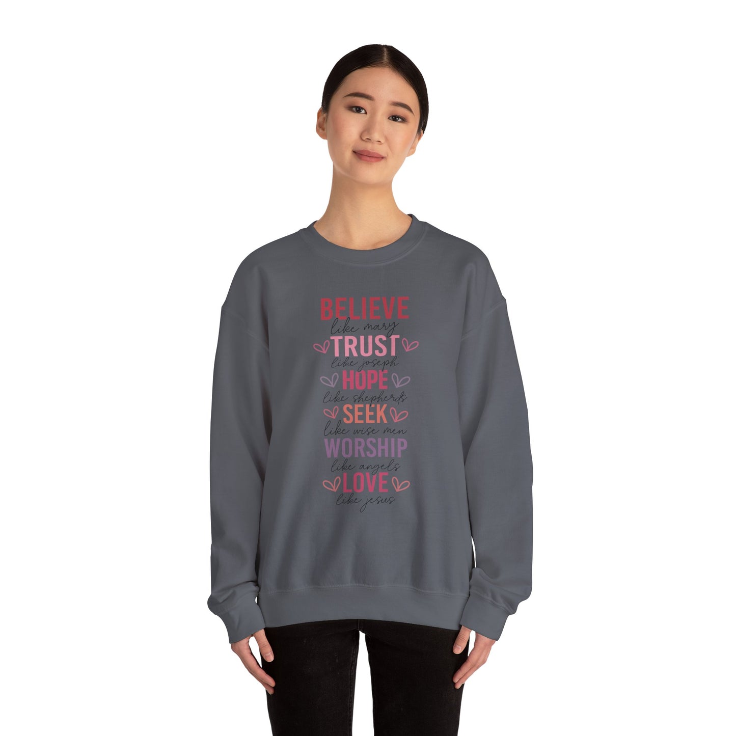 Inspirational Faith Crewneck Sweatshirt, Cozy Christian Apparel, Hope Trust Worship Love, Gift for Spiritual Friends, Faith-Based Fashion