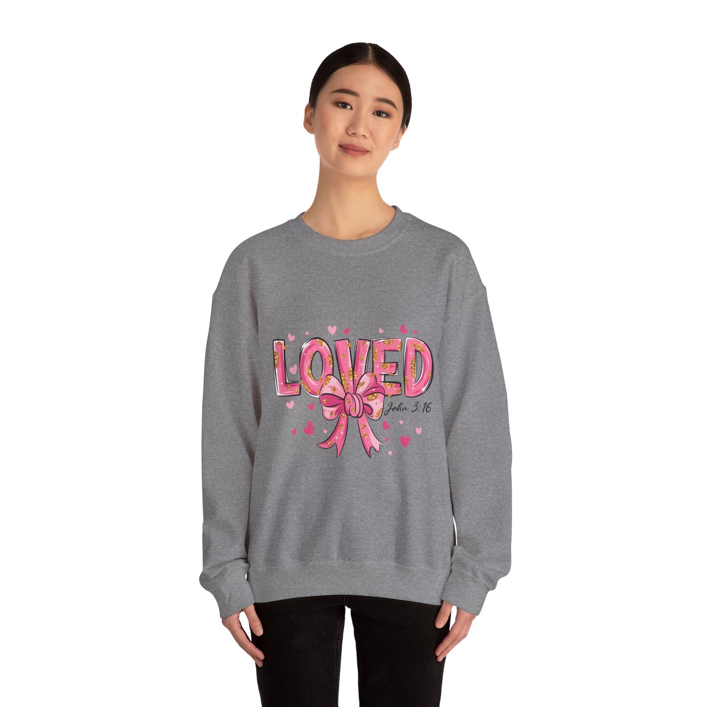 Loved Crewneck Sweatshirt with Bow Design, Cozy Gift for Relaxation, Perfect for Valentine's Day, Christian Apparel, Faith-Inspired Fashion