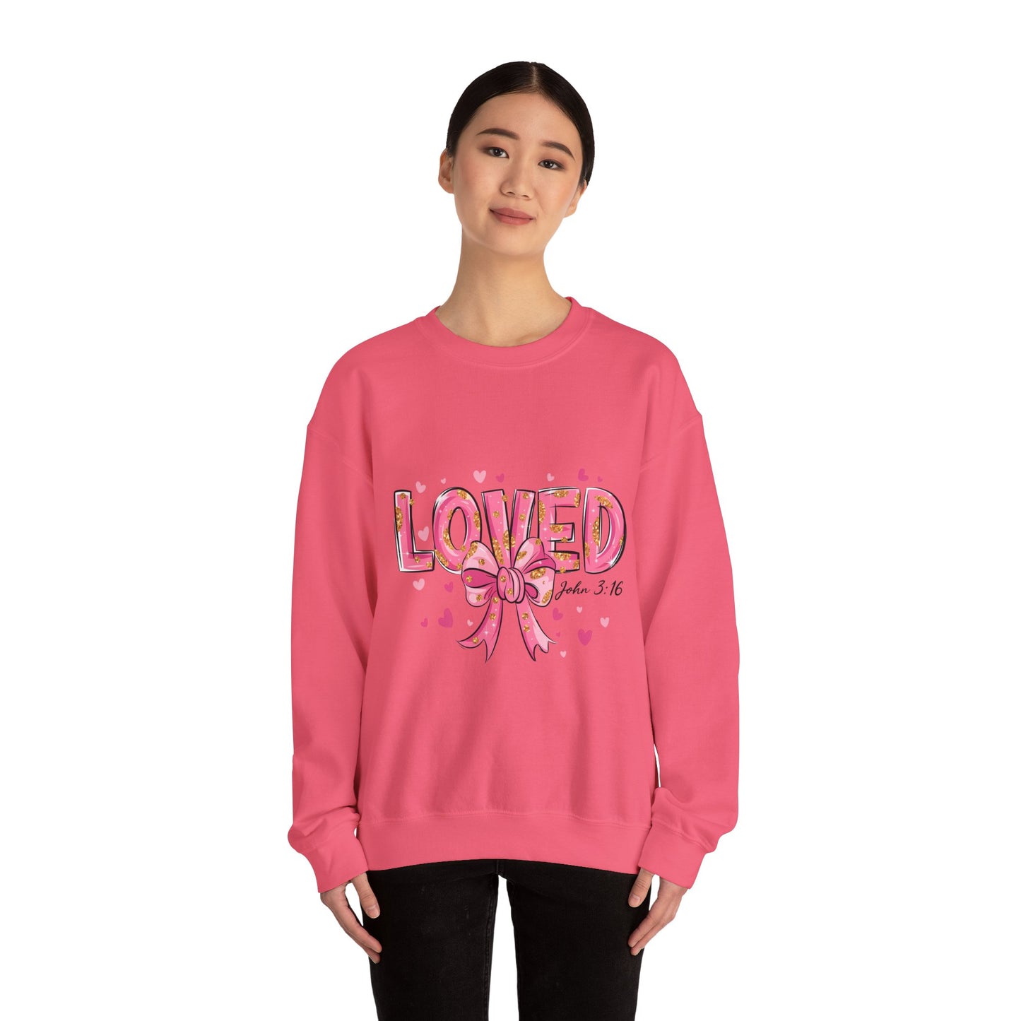 Loved Crewneck Sweatshirt with Bow Design, Cozy Gift for Relaxation, Perfect for Valentine's Day, Christian Apparel, Faith-Inspired Fashion