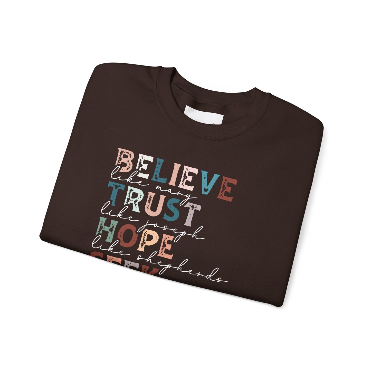 Inspirational Quote Sweatshirt, Believe Trust Hope Seek Worship Love Crewneck, Cozy Gift for Faith Lovers, Inspirational Apparel, Uplifting