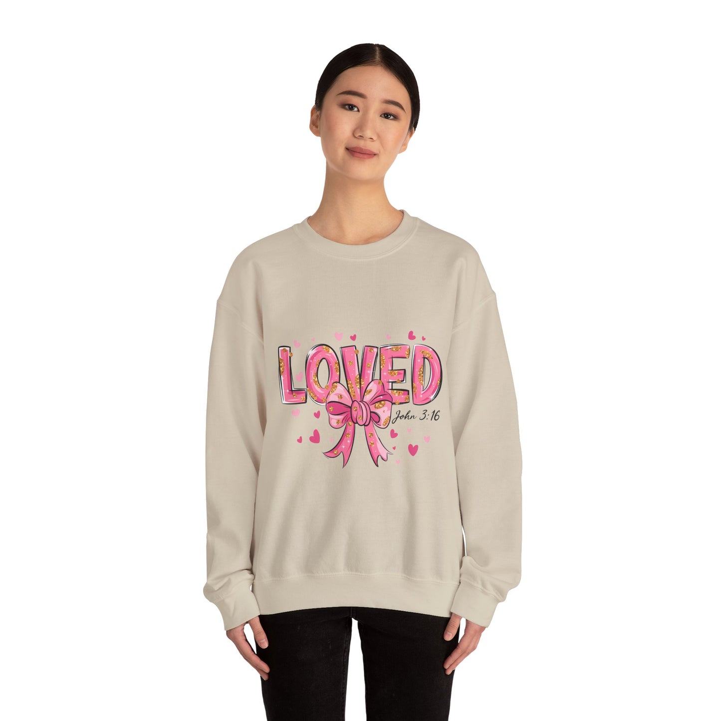 Loved Crewneck Sweatshirt with Bow Design, Cozy Gift for Relaxation, Perfect for Valentine's Day, Christian Apparel, Faith-Inspired Fashion