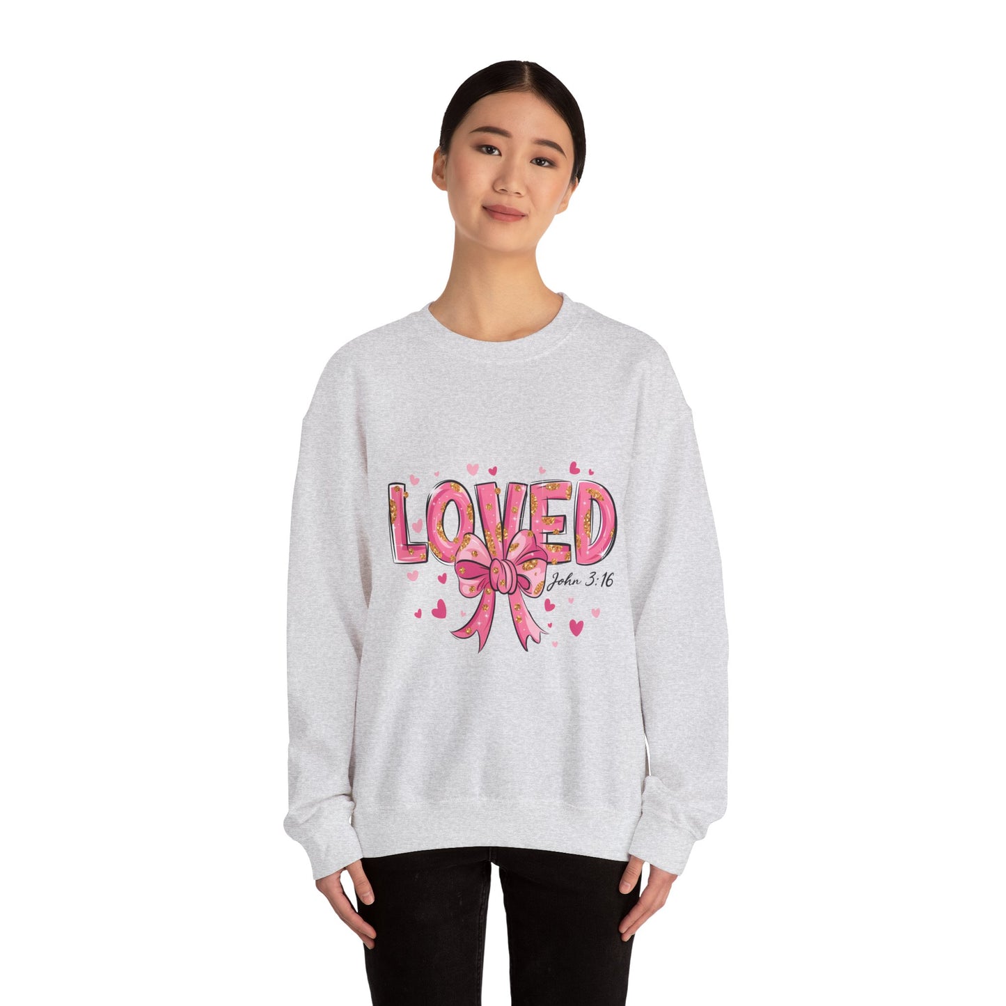 Loved Crewneck Sweatshirt with Bow Design, Cozy Gift for Relaxation, Perfect for Valentine's Day, Christian Apparel, Faith-Inspired Fashion