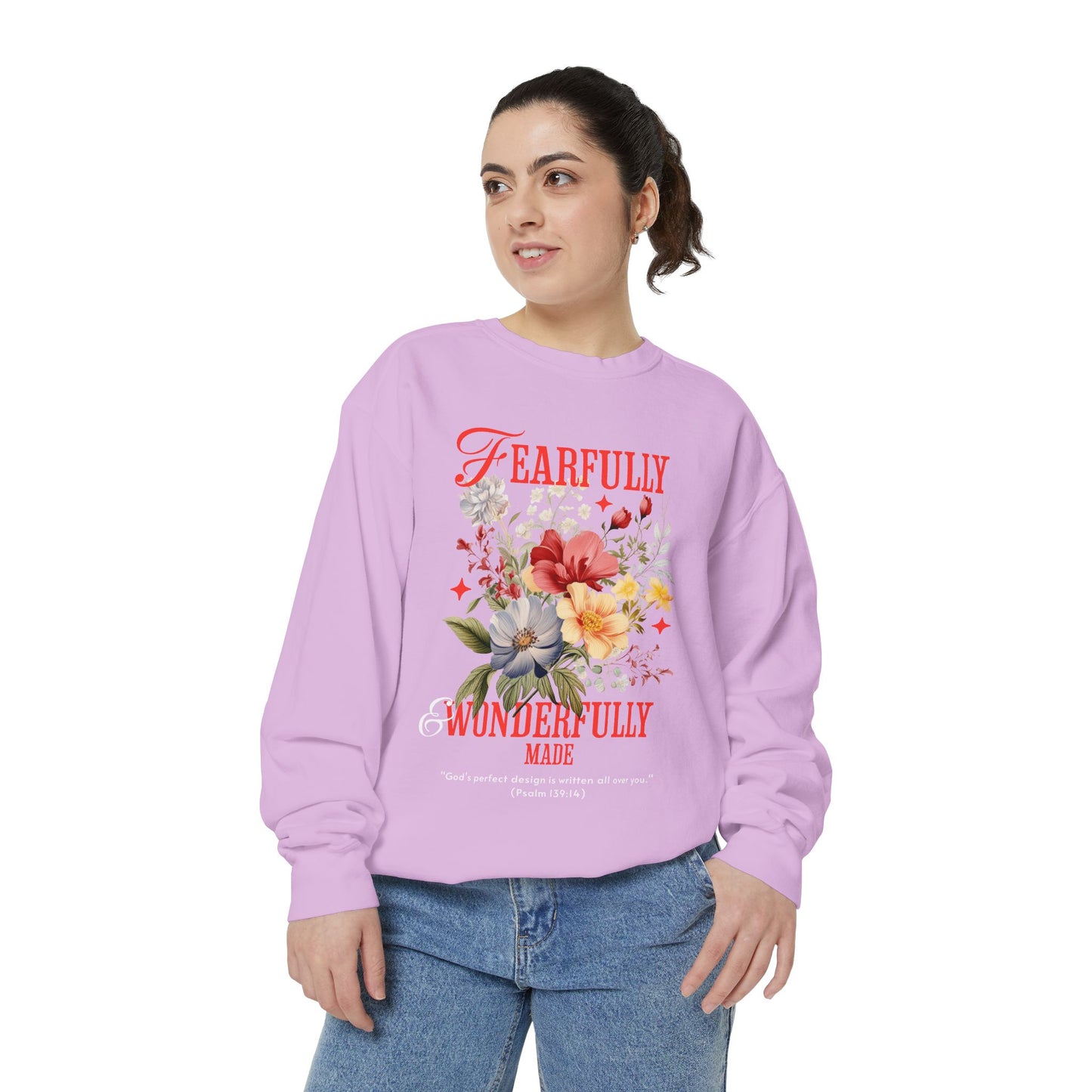 Fearfully & Wonderfully Made Sweatshirt, Inspirational Gift, Floral Design, Christian Apparel, Cozy Sweatshirt for Women