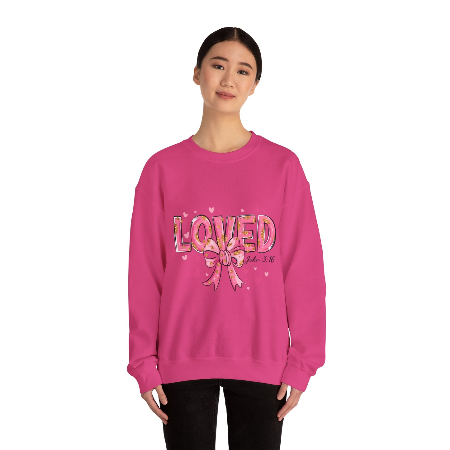 Loved Crewneck Sweatshirt with Bow Design, Cozy Gift for Relaxation, Perfect for Valentine's Day, Christian Apparel, Faith-Inspired Fashion