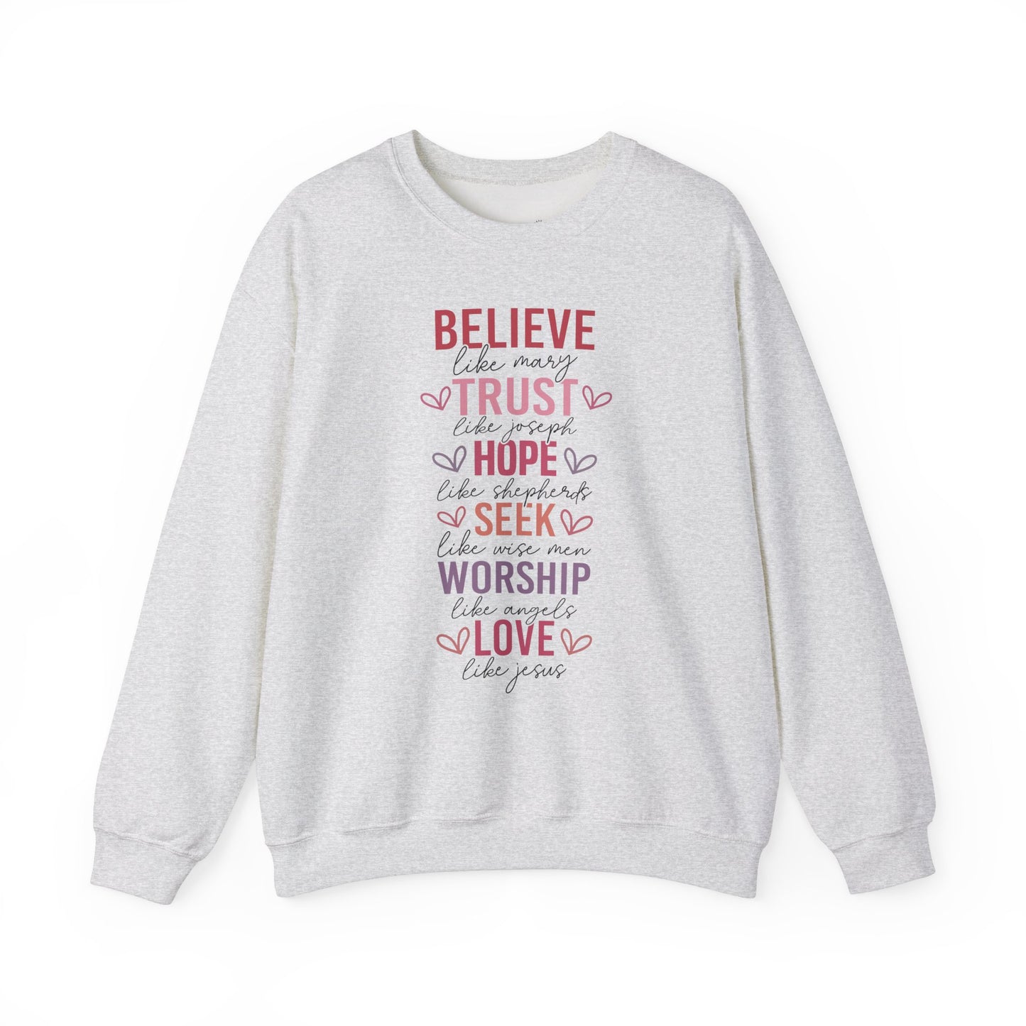 Inspirational Faith Crewneck Sweatshirt, Cozy Christian Apparel, Hope Trust Worship Love, Gift for Spiritual Friends, Faith-Based Fashion