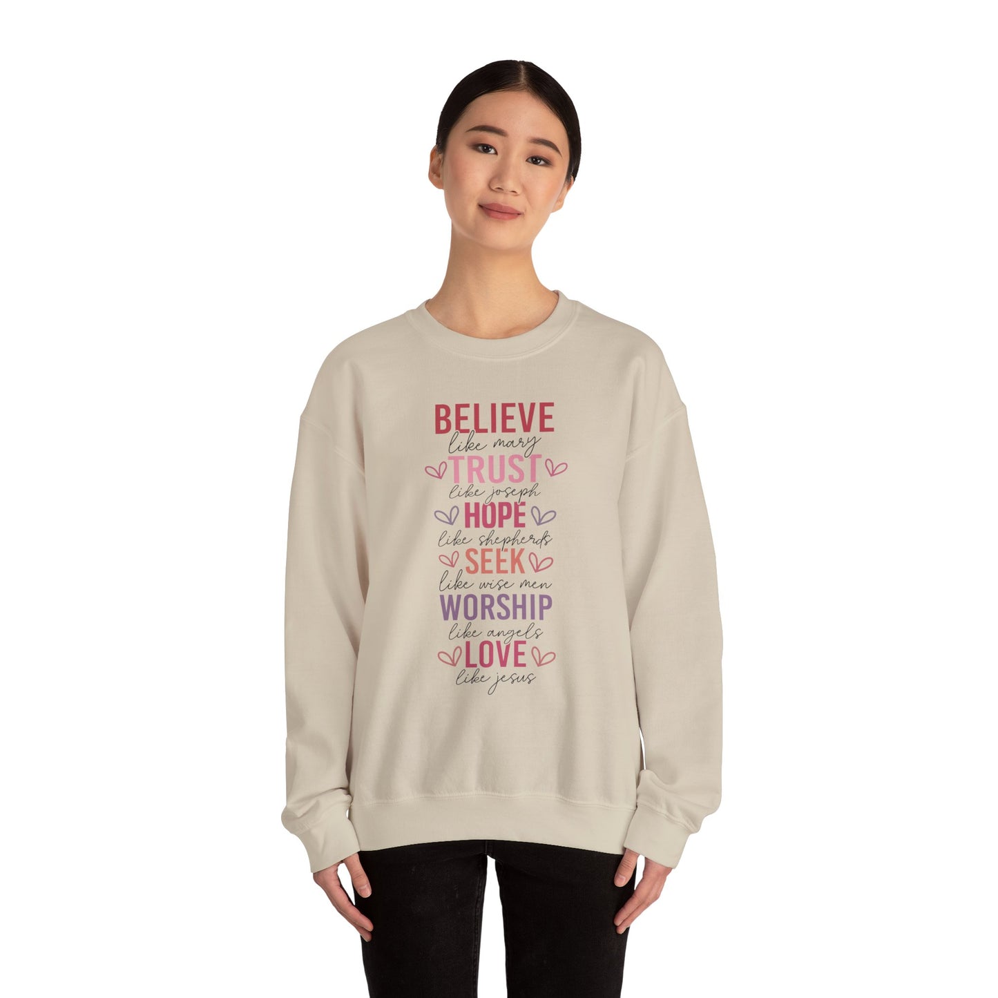 Inspirational Faith Crewneck Sweatshirt, Cozy Christian Apparel, Hope Trust Worship Love, Gift for Spiritual Friends, Faith-Based Fashion