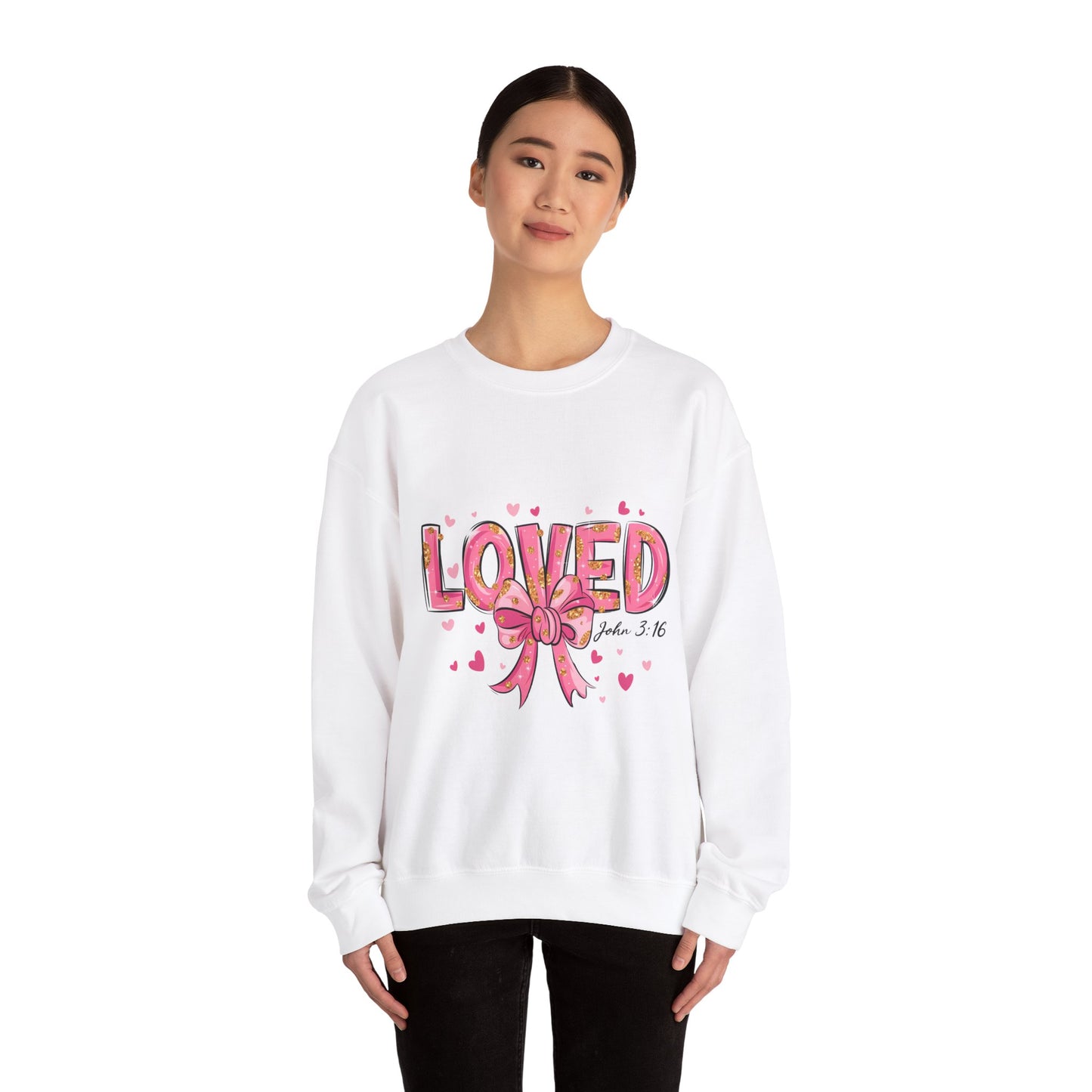 Loved Crewneck Sweatshirt with Bow Design, Cozy Gift for Relaxation, Perfect for Valentine's Day, Christian Apparel, Faith-Inspired Fashion