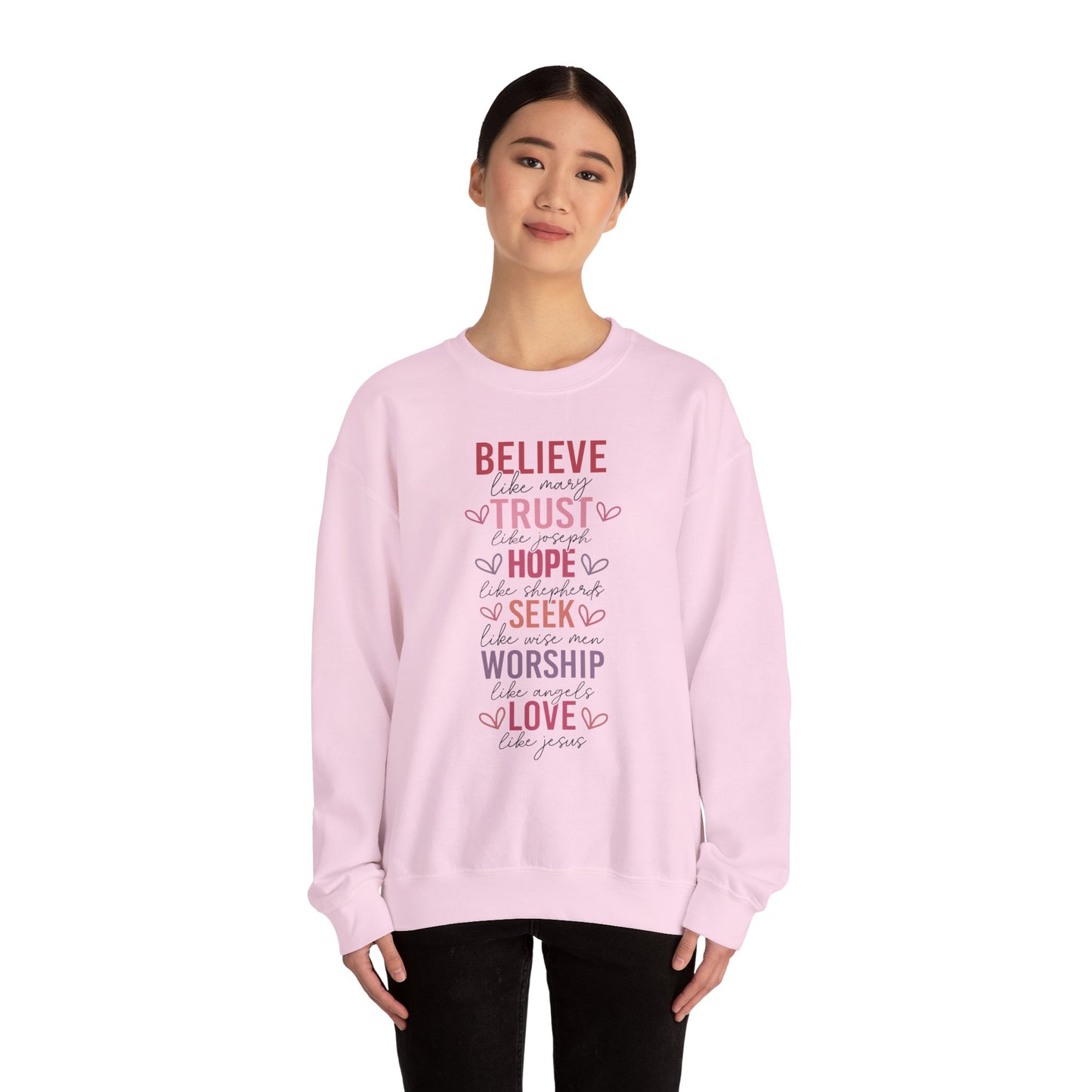 Inspirational Faith Crewneck Sweatshirt, Cozy Christian Apparel, Hope Trust Worship Love, Gift for Spiritual Friends, Faith-Based Fashion