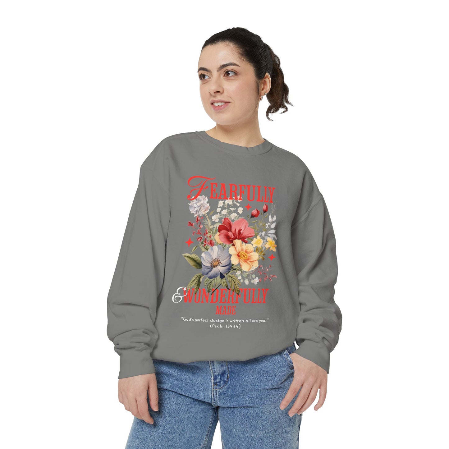 Fearfully & Wonderfully Made Sweatshirt, Inspirational Gift, Floral Design, Christian Apparel, Cozy Sweatshirt for Women